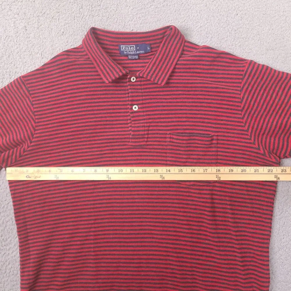Polo Ralph Lauren Polo Shirt Men Large Red Navy Striped Pocket Mini‎ Waffle Knit